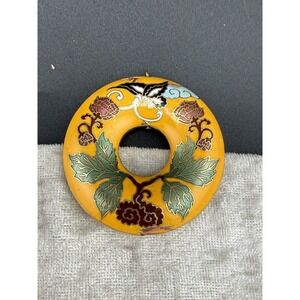 Vintage Cloisonne Pendant Butterfly Donut Enamel Yellow Flowers Gold Tone